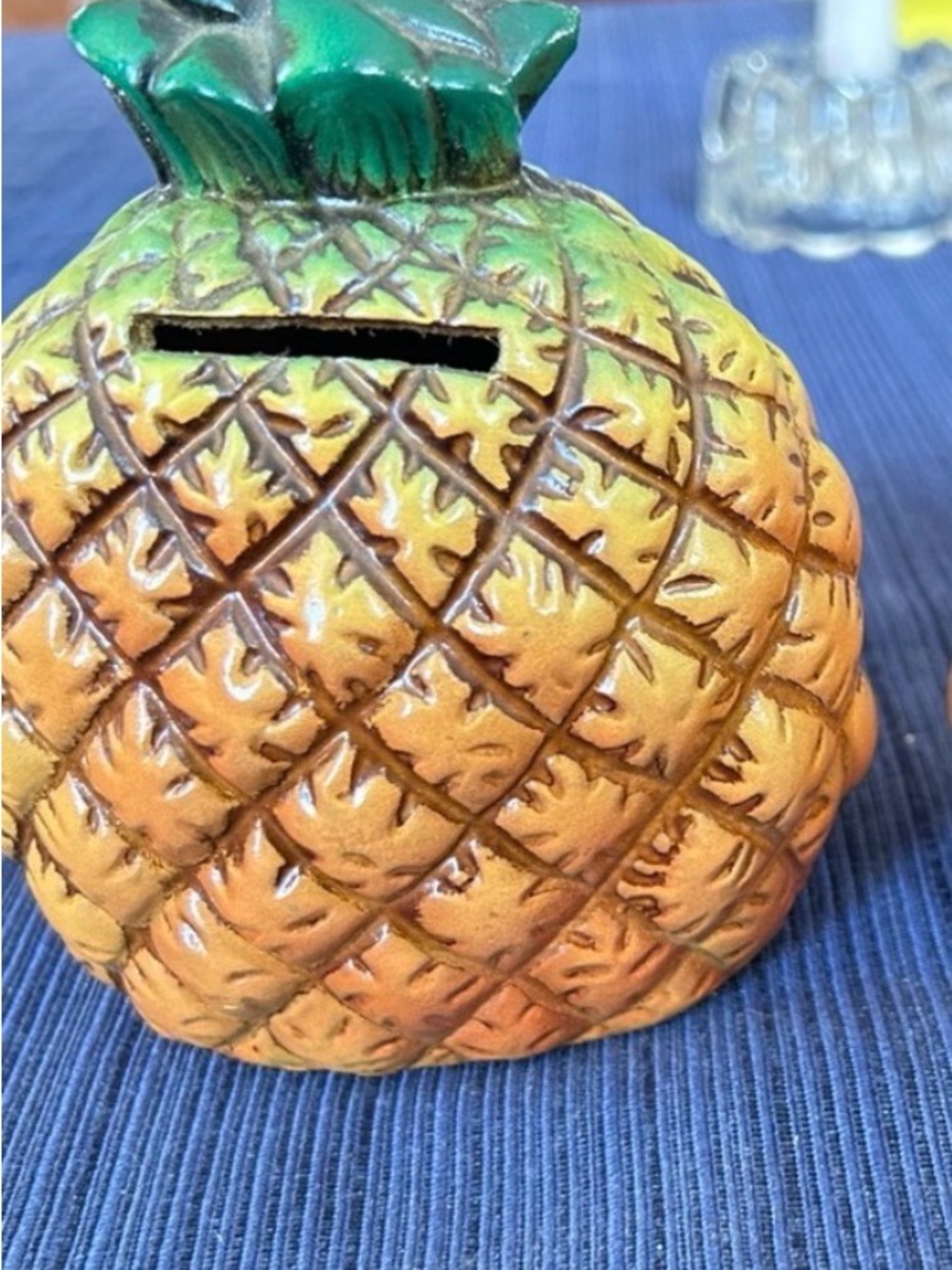 Vintage Pineapple Face Chalk ware Bank - Yellow with Teal Accents - Picture 2 of 3